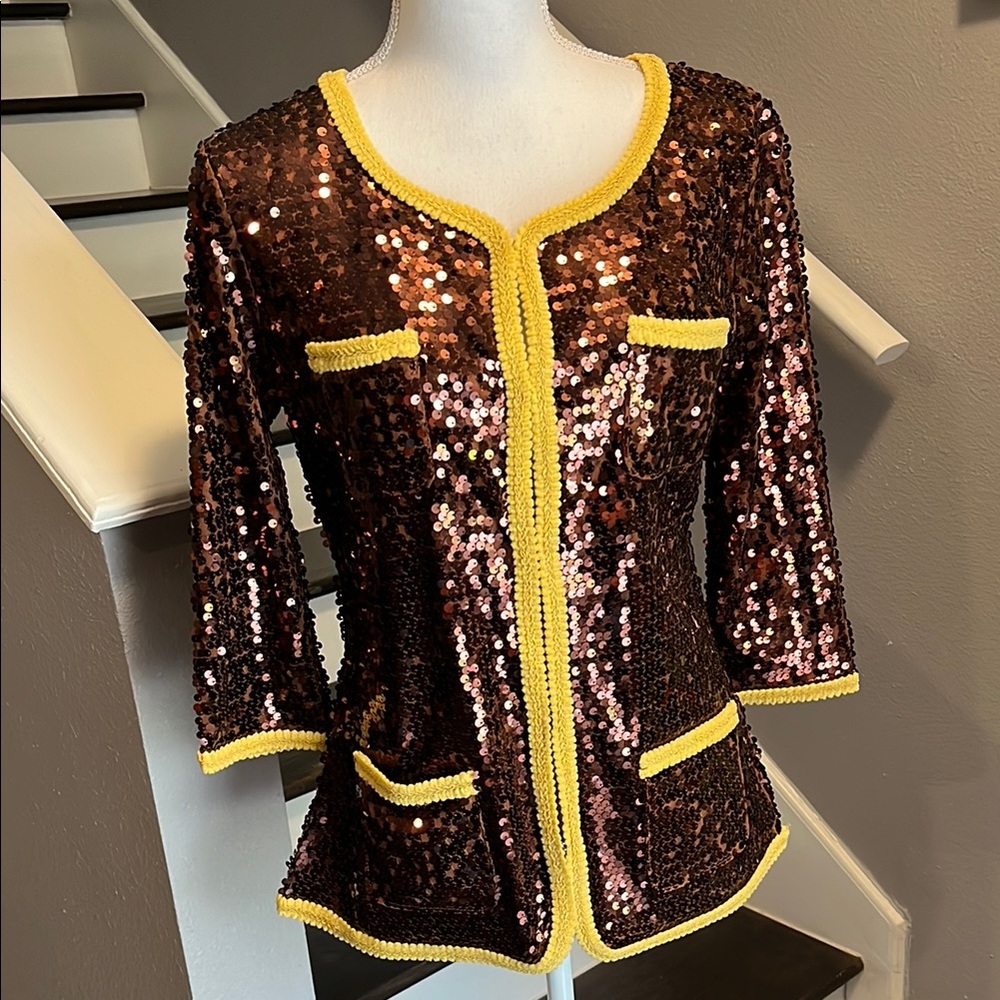 Iman MWT Brown sequins & Yellow embroidery trim Party Jacket Wear open/closed